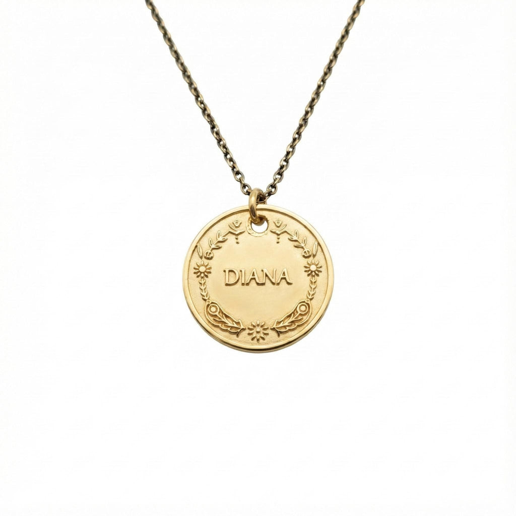 Vintage Style Name Necklace | Floral Crest Medallion, close-up detail