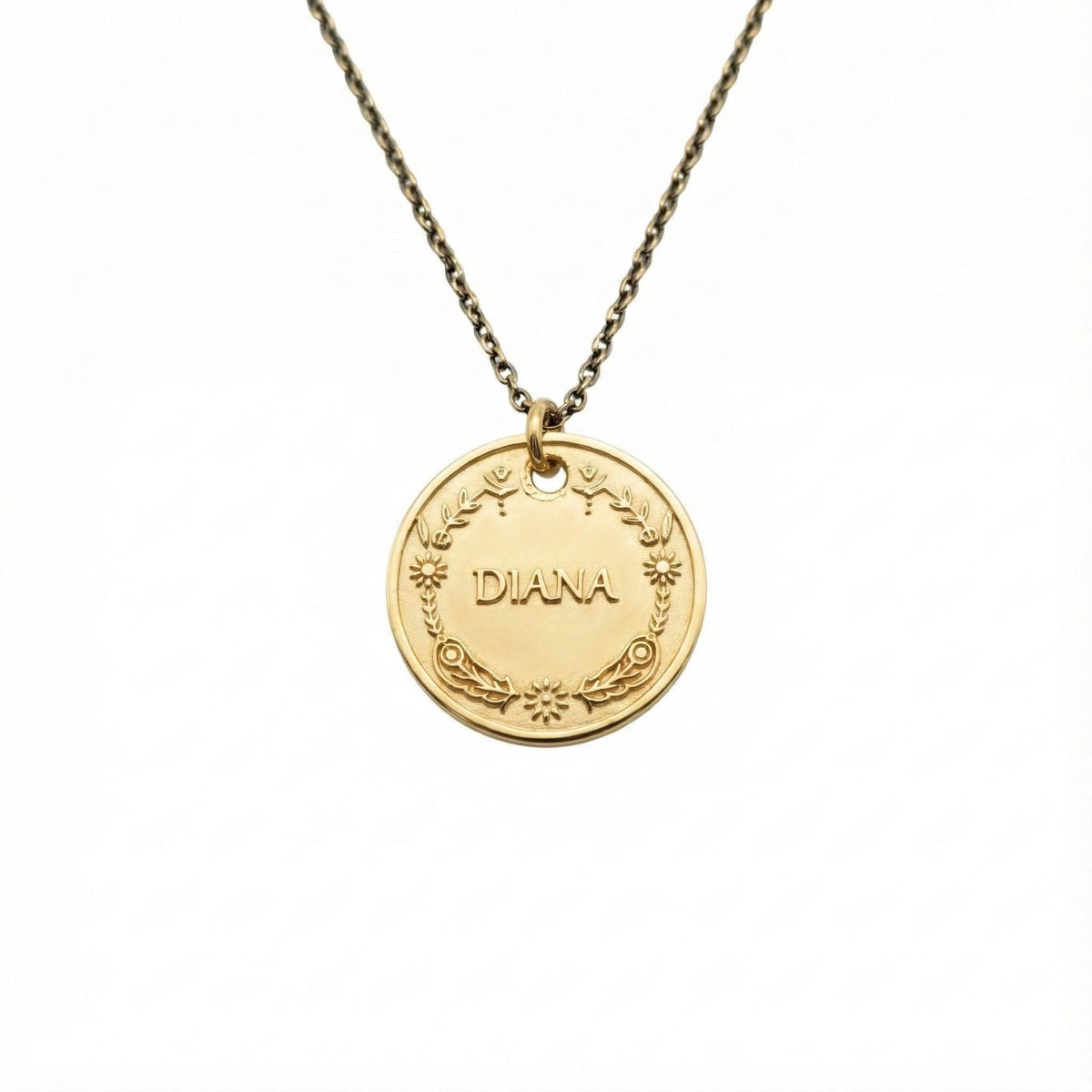 Vintage Style Name Necklace | Floral Crest Medallion, close-up detail
