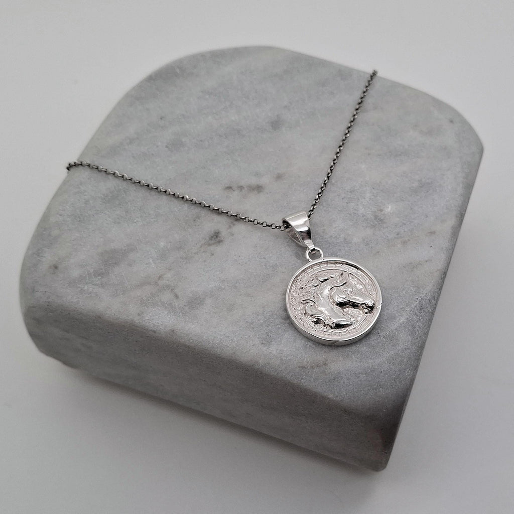 Horse Medallion Necklace | Sterling Silver Equestrian Pendant with Greek Key Border | Custom Engraved, front view