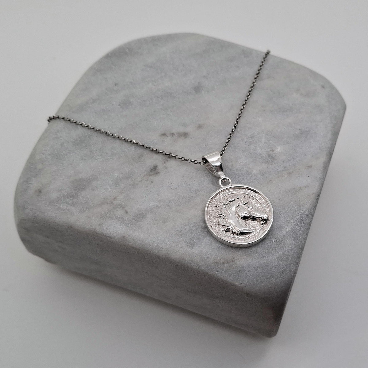 Horse Medallion Necklace | Sterling Silver Equestrian Pendant with Greek Key Border | Custom Engraved, front view