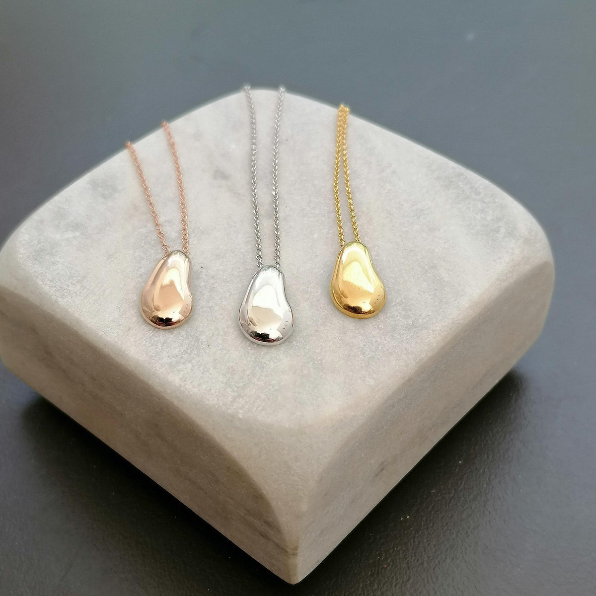 Solid Gold Pebble Necklace | Dainty Organic Fluid Charm | Minimalist River Stone Pendant, alternate angle