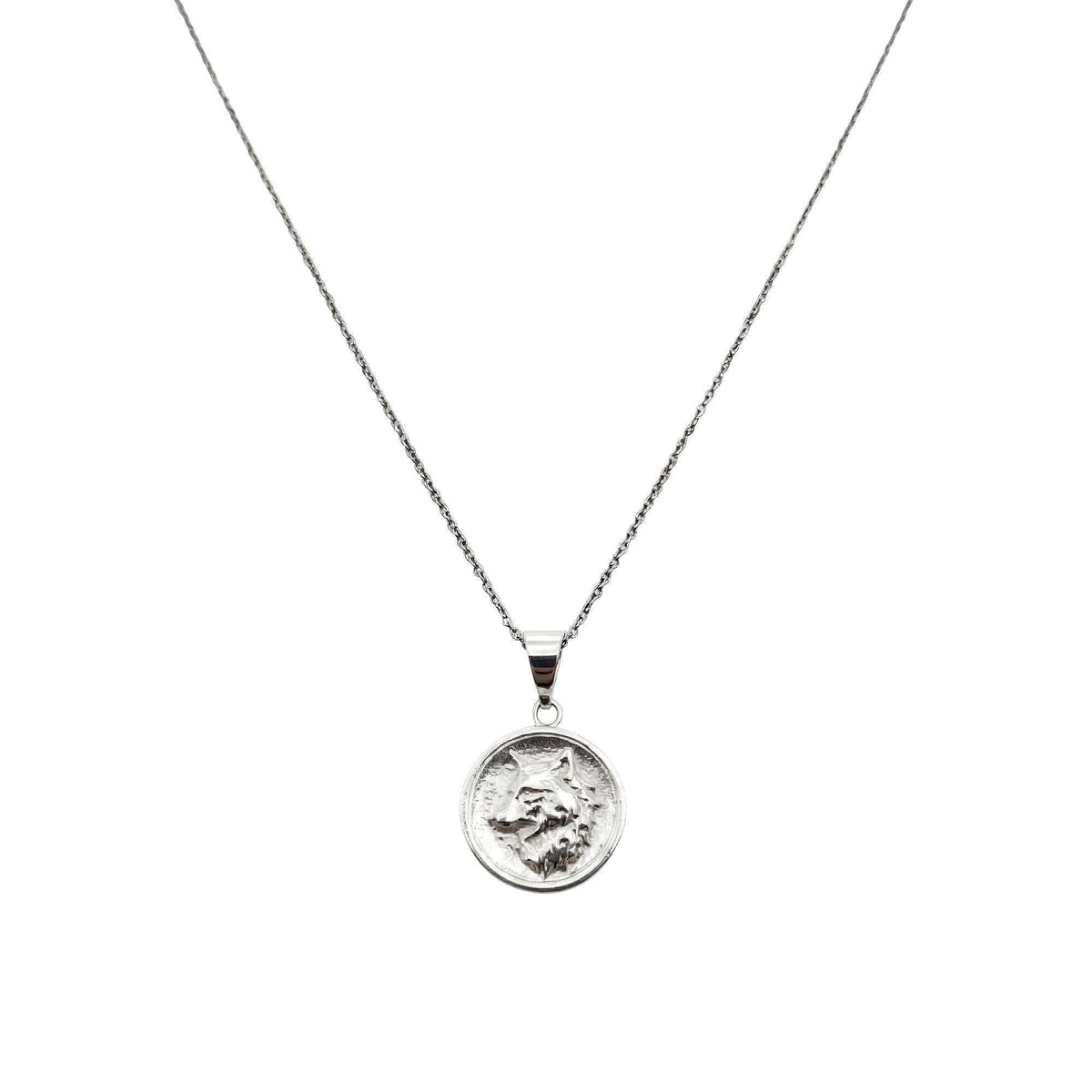 Nordic Wolf Charm Necklace | Sterling Silver Spirit Animal Medallion | Custom Engraved Wolf Pendant, in White Gold Plated finish