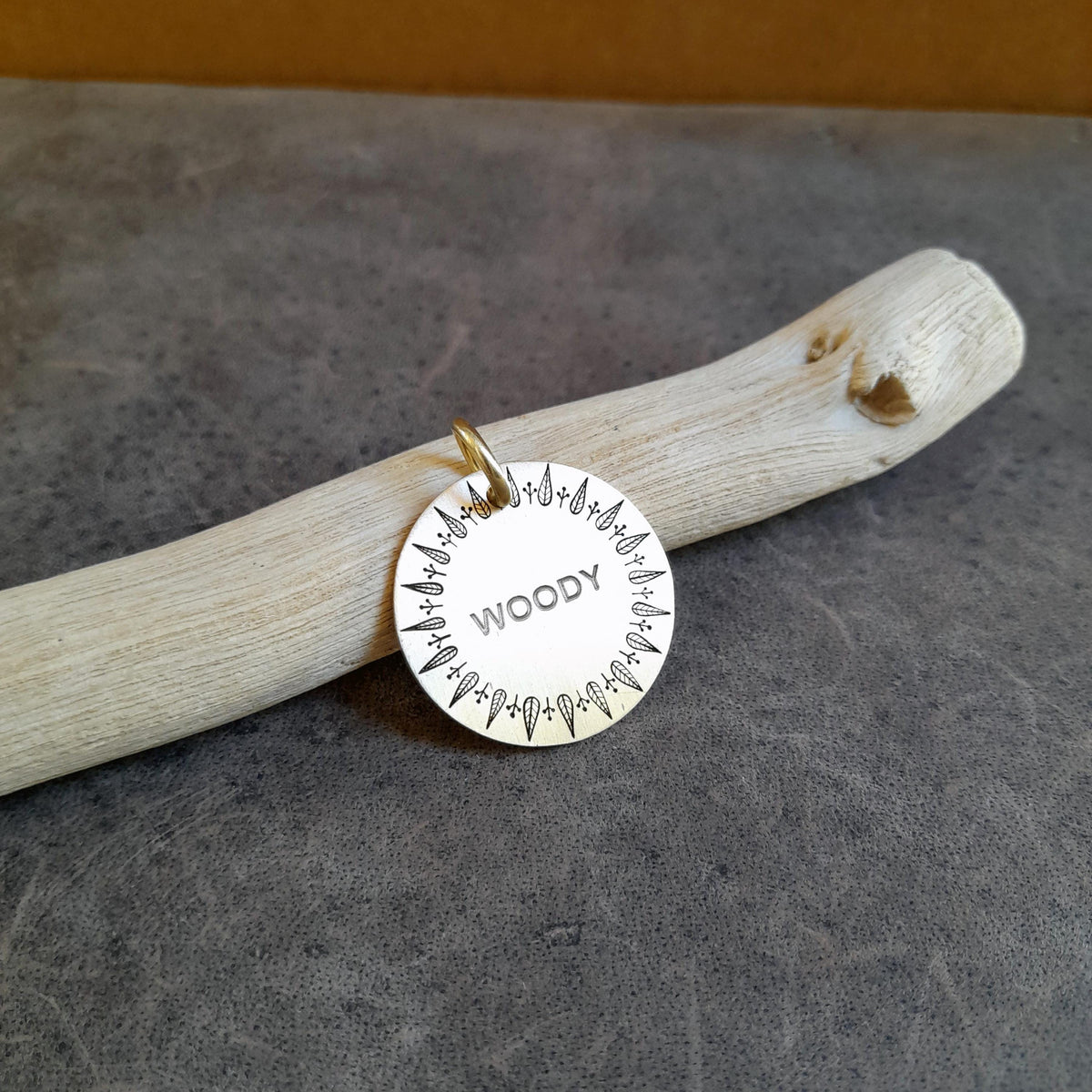 The Leaf Token | Artisan Patterned Pet ID & Custom Engraved Dog Tag, close-up detail