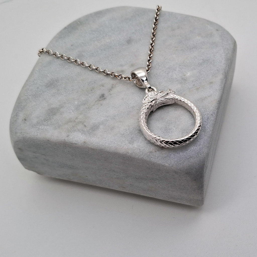 Ouroboros Dragon Necklace, Sterling Silver (Eternity Symbol Pendant), front view
