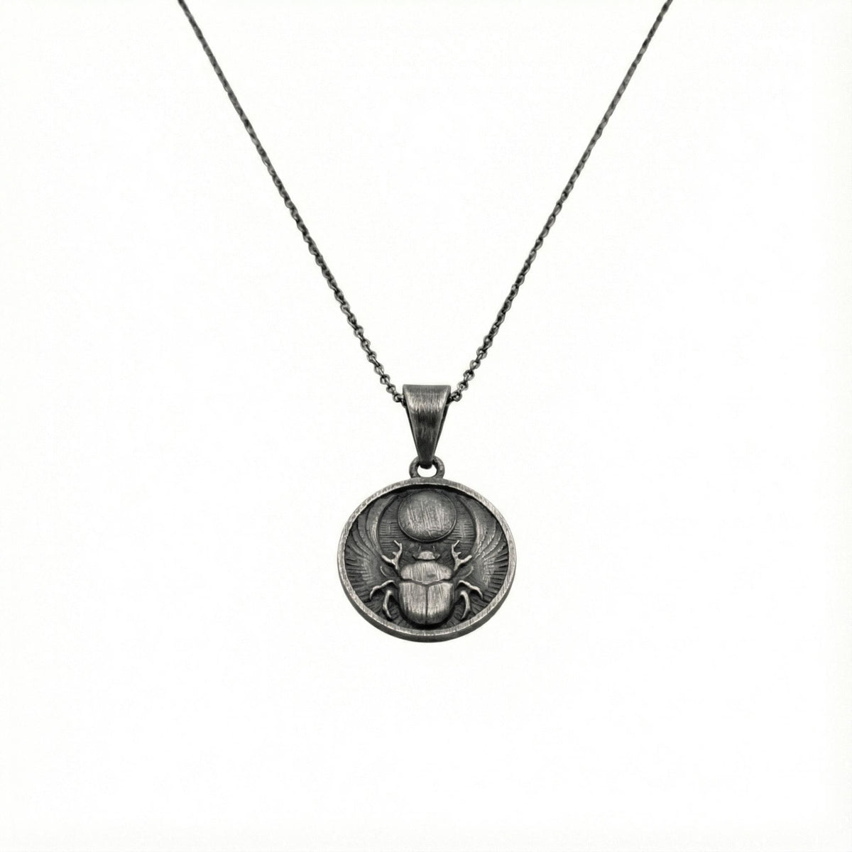 Scarab Medallion Necklace | Egyptian Rebirth Talisman, in Oxidized Silver 925 finish
