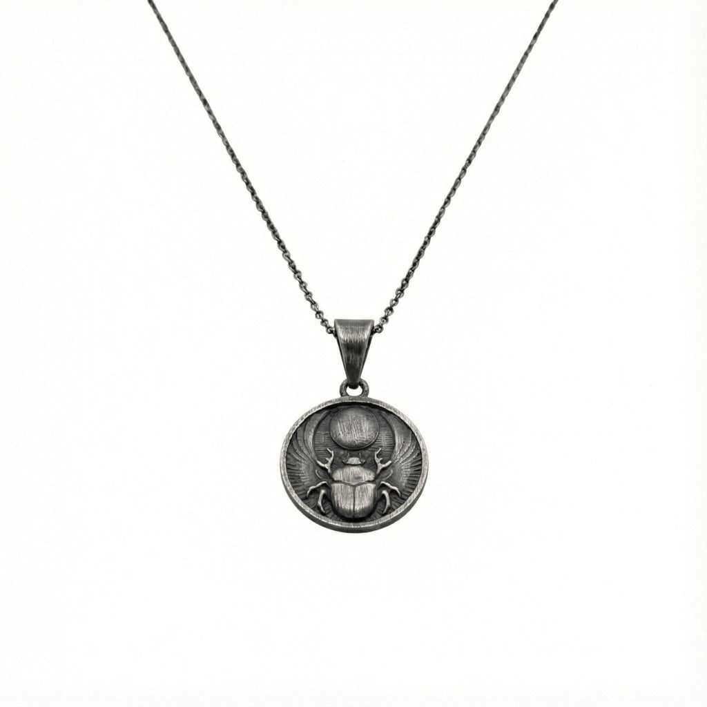 Scarab Medallion side view, pendant and chain detail