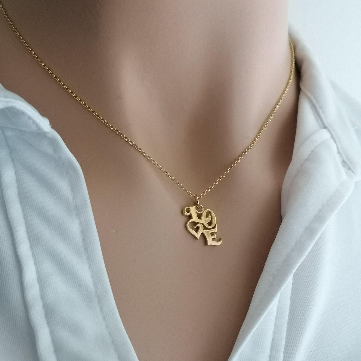 LOVE Script Necklace | Romantic Sentiment Talisman, front view