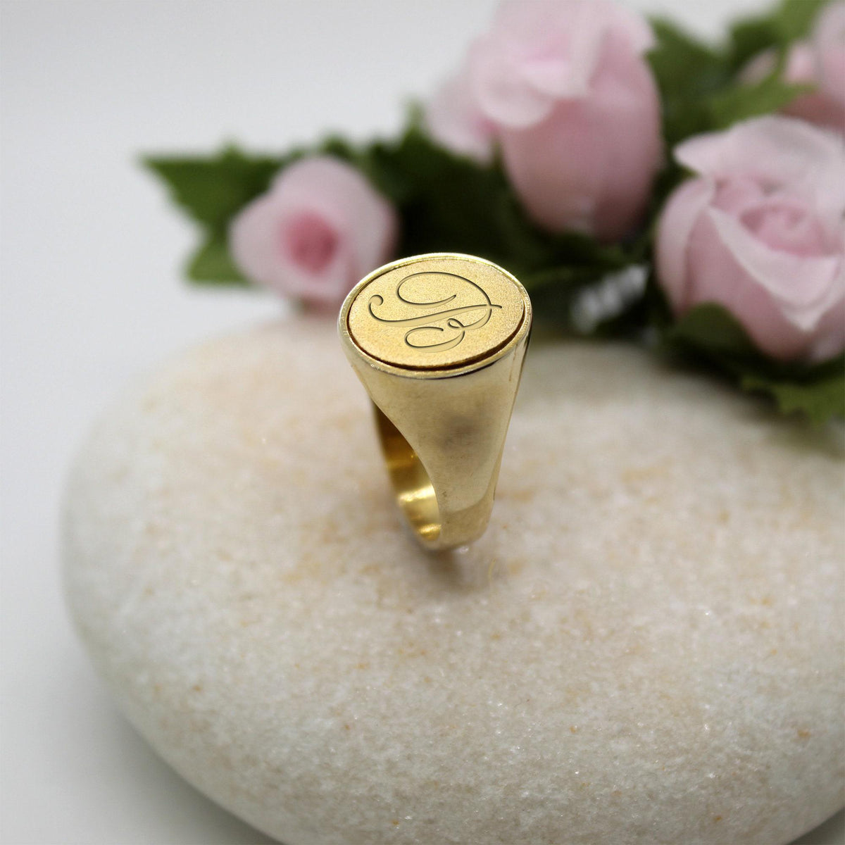 Sterling Silver Signet Ring | Custom Initial Engraved Oval Chevalier, close-up detail