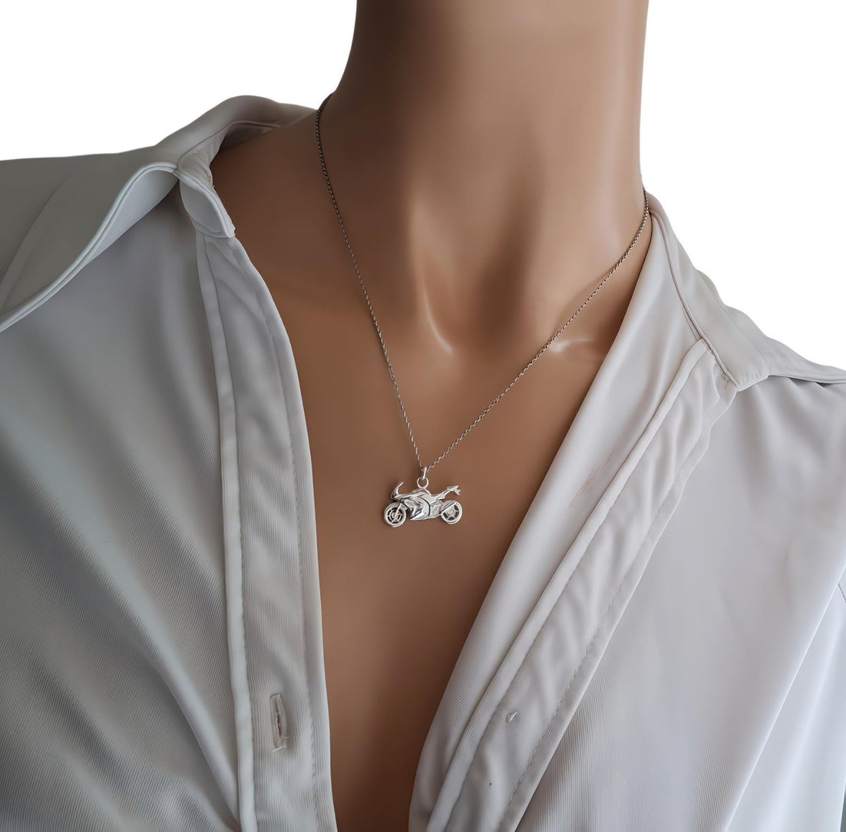Motorcycle Pendant Necklace | Sterling Silver Sportbike Charm | Superbike Biker Jewelry, styled view