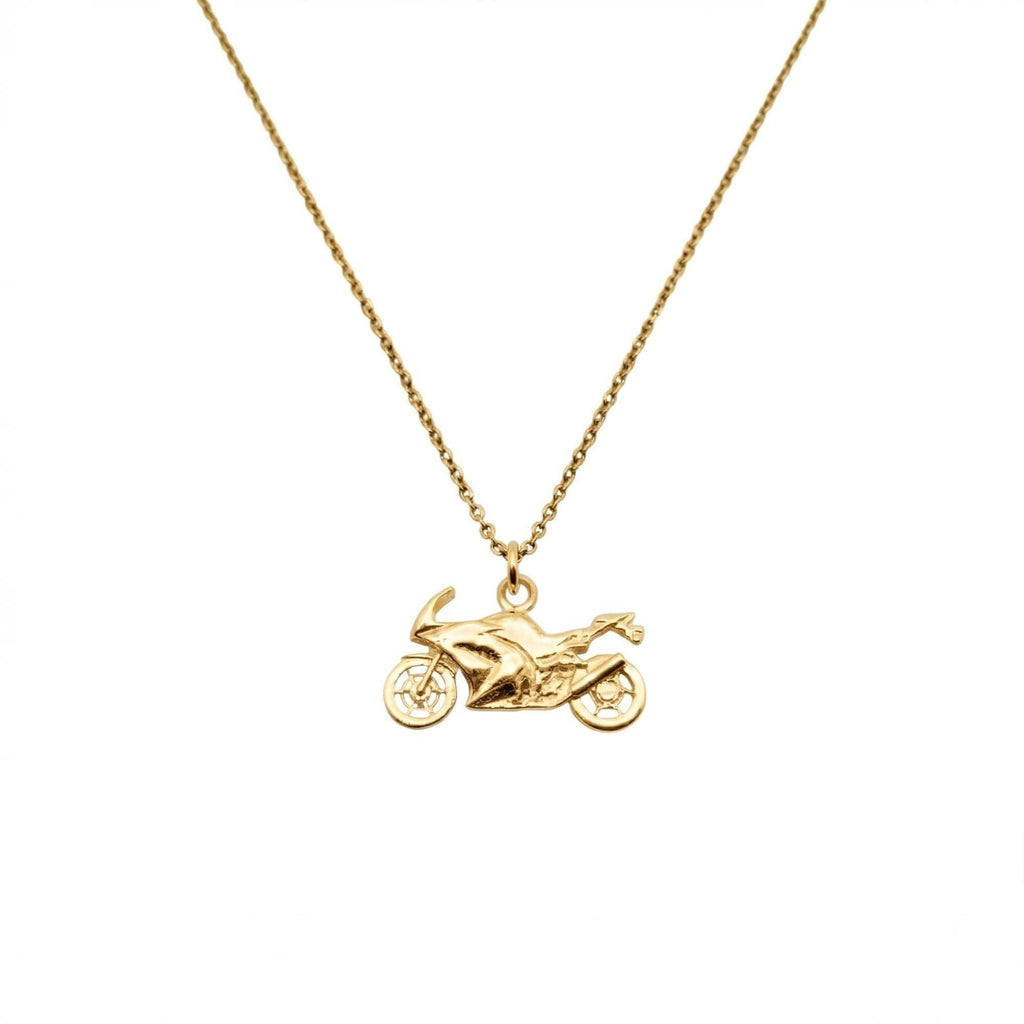 Motorcycle Pendant Necklace | Sterling Silver Sportbike Charm | Superbike Biker Jewelry, in Yellow Gold Plated finish