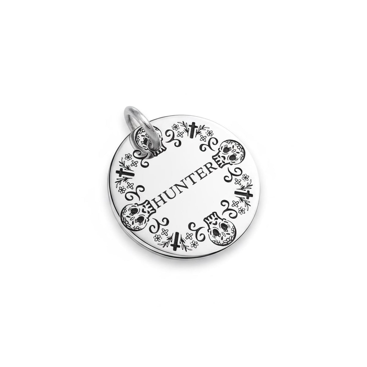 Sugar Skull Dog Tag | Custom Engraved Pet ID Collar Charm, close-up detail