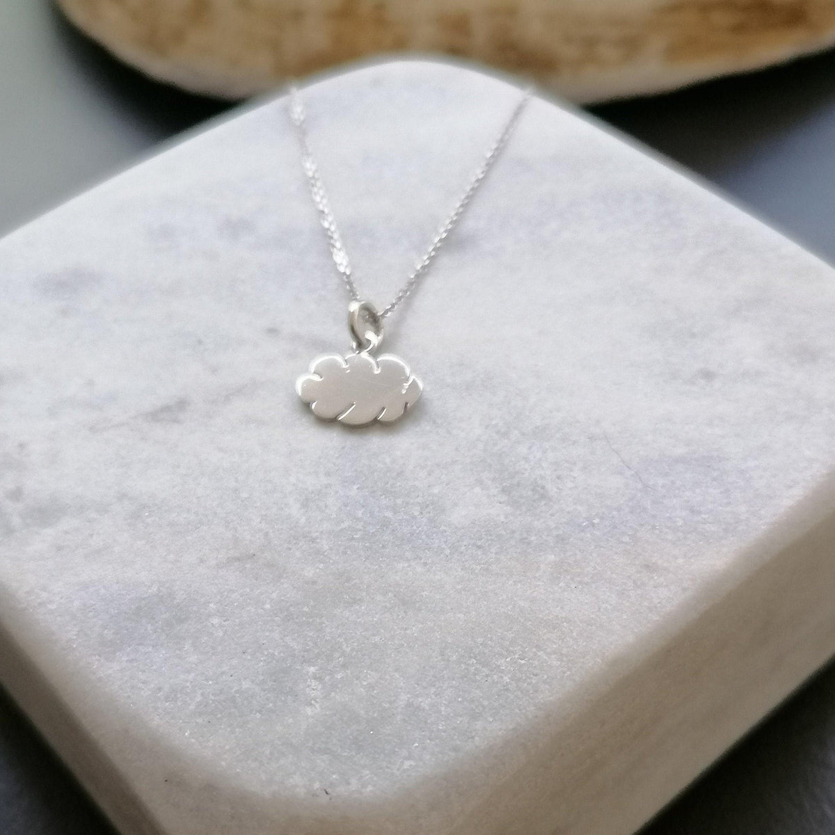 Dainty Sterling Silver Cloud Necklace, Minimalist Charm, close-up detail