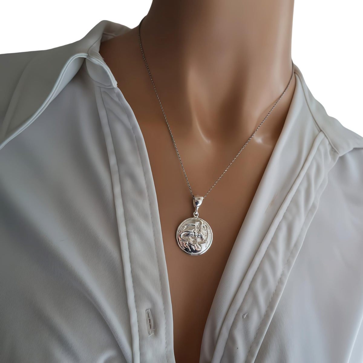 Bull Leaping Necklace: Minoan Coin Pendant Gold Plated Silver, close-up detail