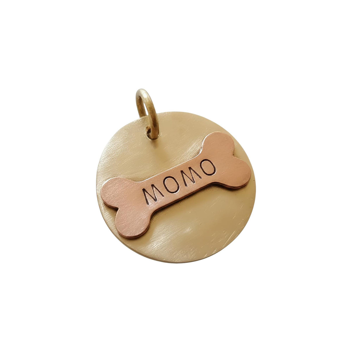 The Devotional Bone Token | Artisan Circular Pet ID & Custom Raised Motif Dog Tag, in Brass with Copper Top finish