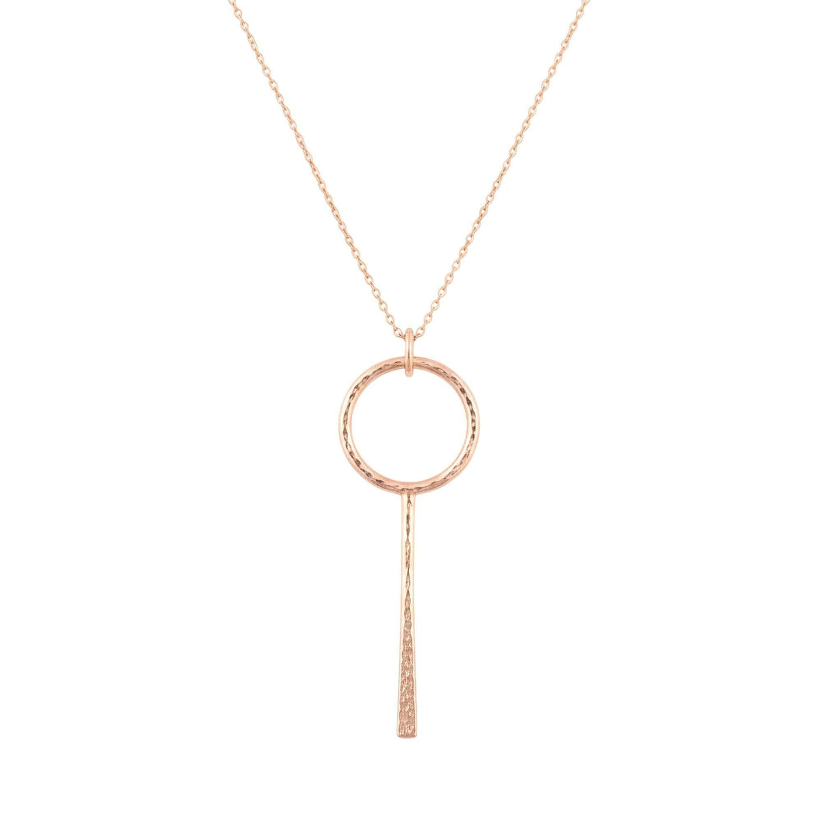 Hammered Circle and Bar Lariat Necklace | Sterling Silver Y-Necklace | Geometric Boho Luxe Jewelry, in Rose Gold PLated finish