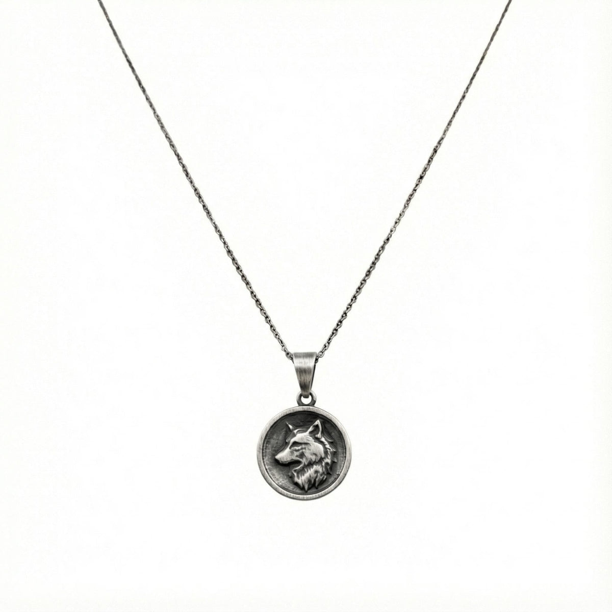 Nordic Wolf Charm Necklace | Sterling Silver Spirit Animal Medallion | Custom Engraved Wolf Pendant, in Oxidized Silver 925 finish