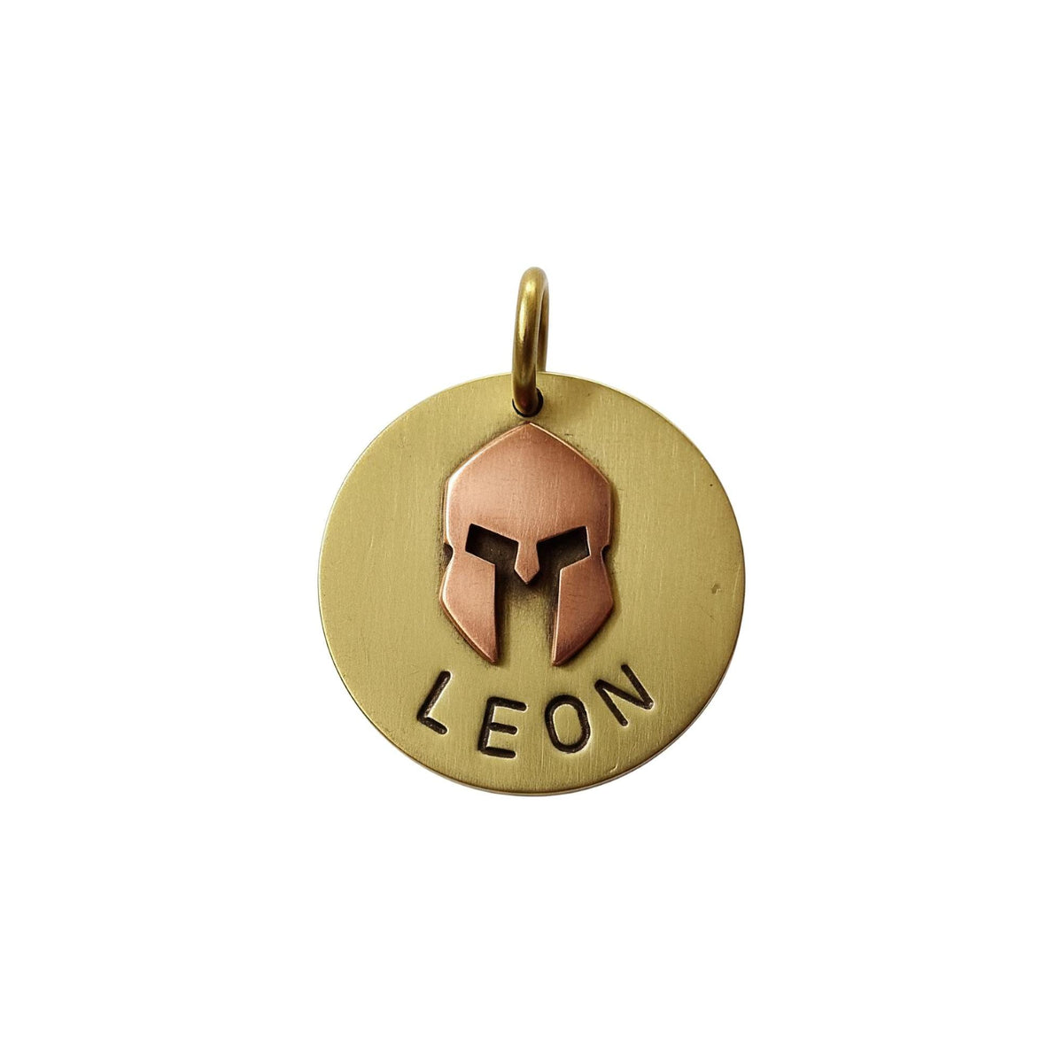The Warrior's Shield Token | Artisan Spartan Helmet Pet ID & Custom Tag, in Brass with Copper Top finish