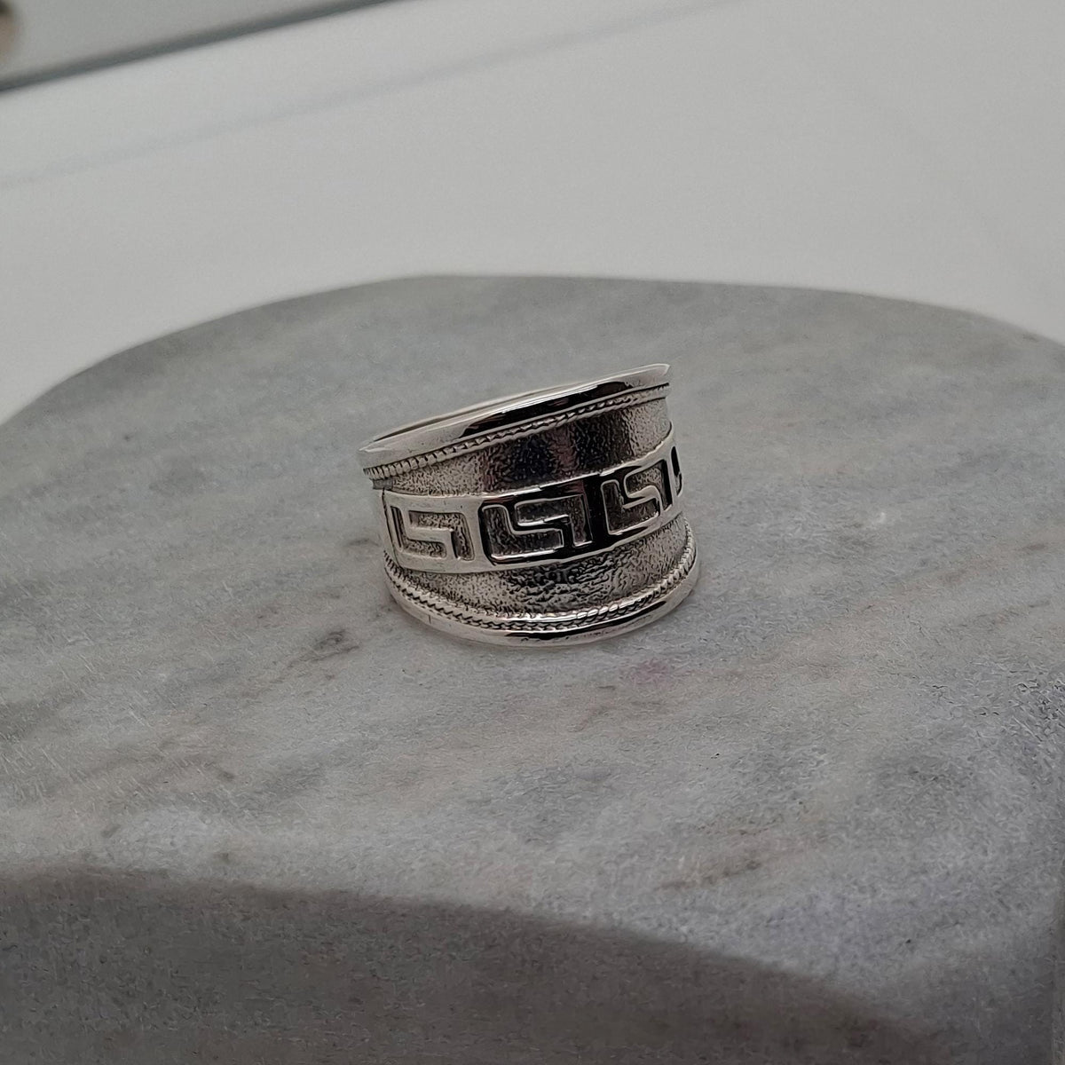 Greek Key Ring | Bold Wide Sterling Silver Greca Band | Unisex Meander Talisman, alternate angle