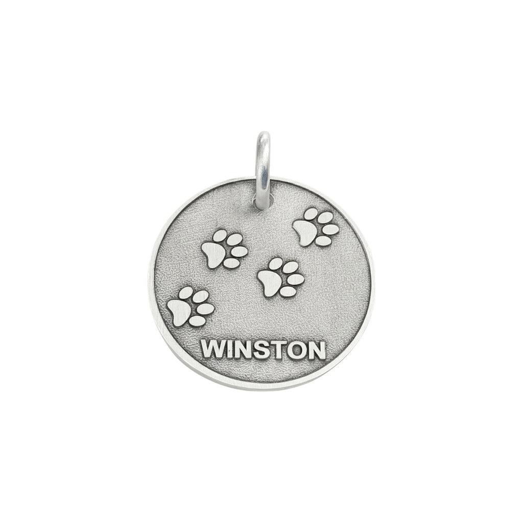 Paw Print Dog Tag | Custom Engraved Sterling Silver Pet ID | Heavy Duty Collar Charm, front view