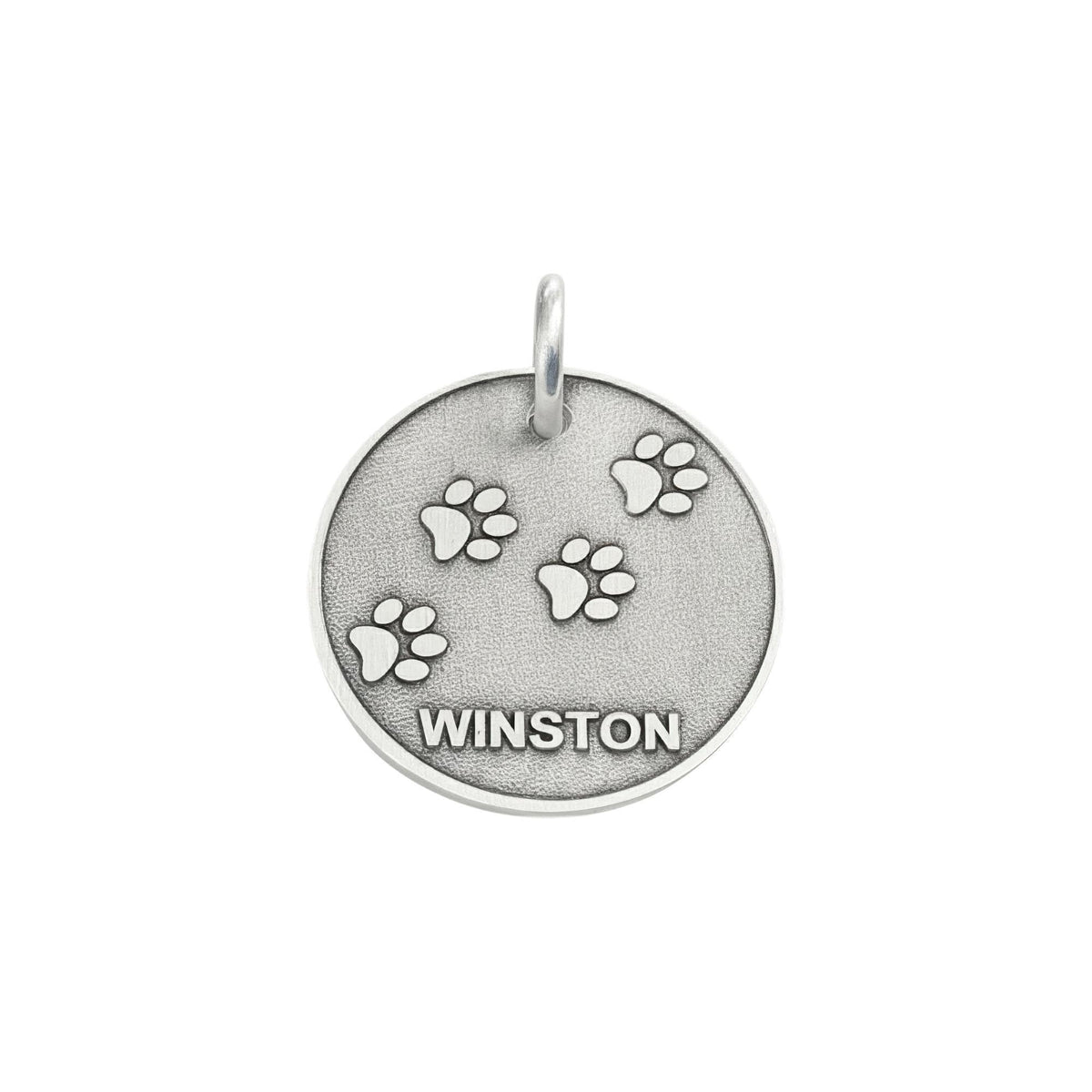 Paw Print Dog Tag | Custom Engraved Sterling Silver Pet ID | Heavy Duty Collar Charm, front view