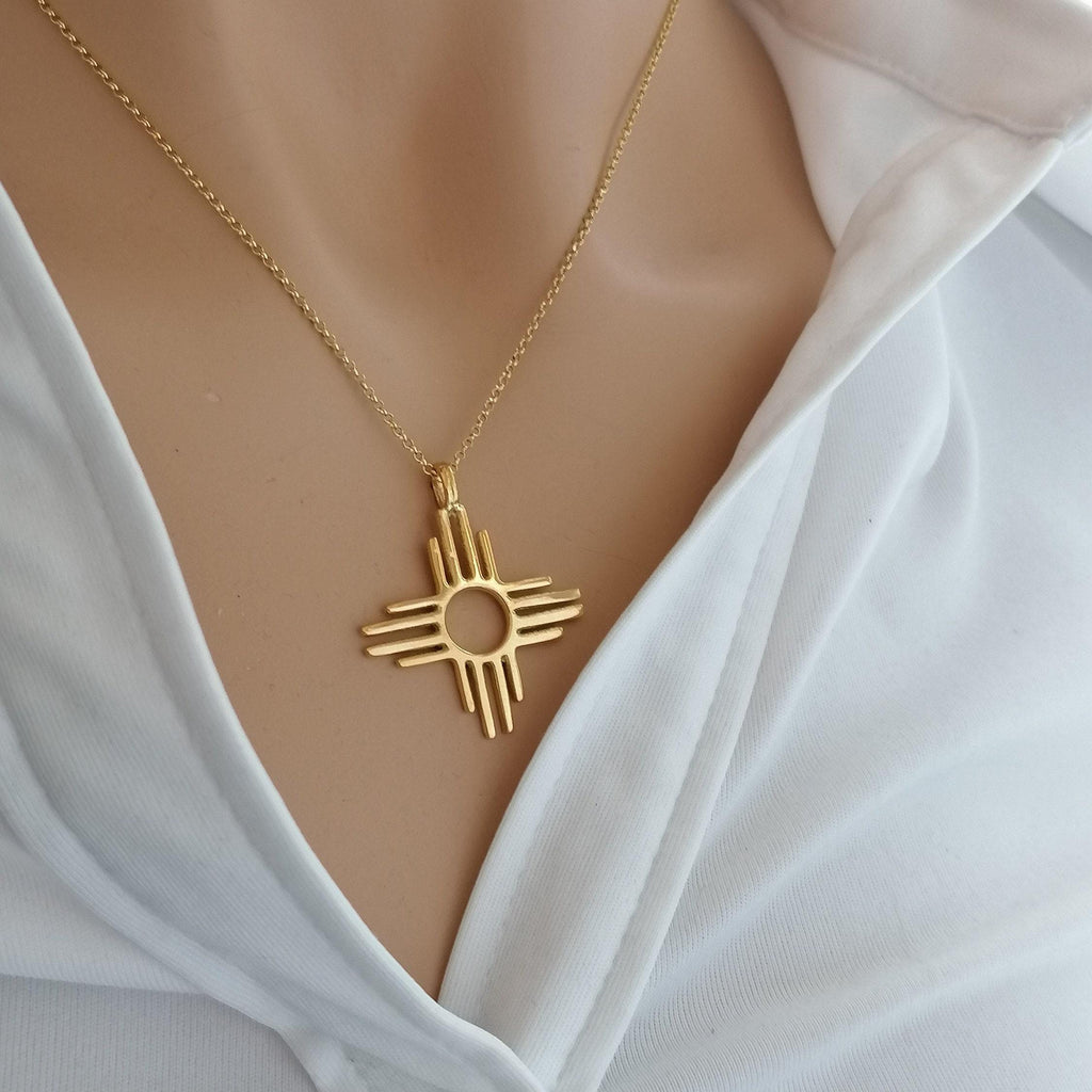Zia Sun Necklace | Solid Gold Sacred Symbol Pendant | Southwestern Balance Talisman, close-up detail