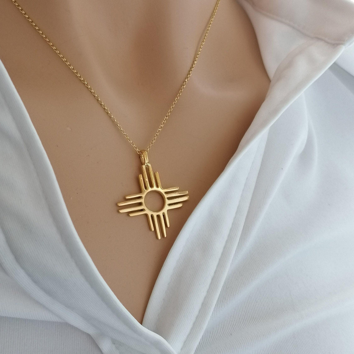 Zia Sun Necklace | Solid Gold Sacred Symbol Pendant | Southwestern Balance Talisman, close-up detail