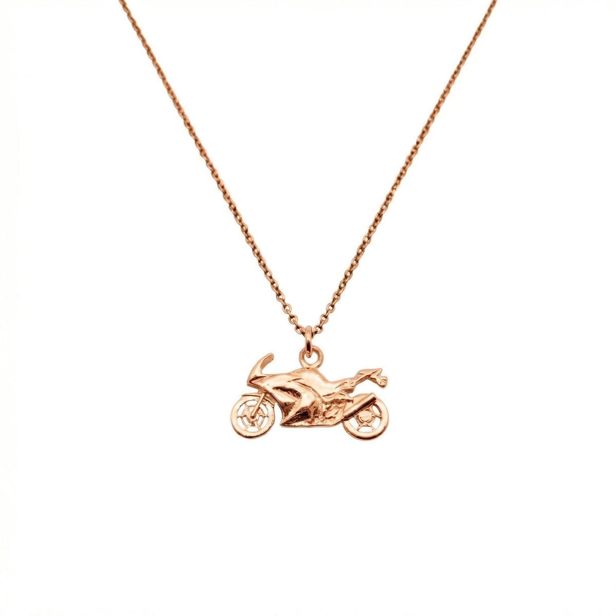 Motorcycle Pendant Necklace | Sterling Silver Sportbike Charm | Superbike Biker Jewelry, in Rose Gold Plated finish