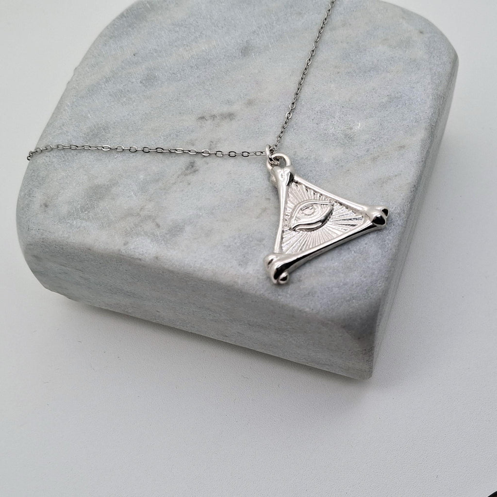 All-Seeing Eye Pendant Necklace | Sterling Silver Bone Pyramid Talisman | Esoteric Eye of Providence, additional detail