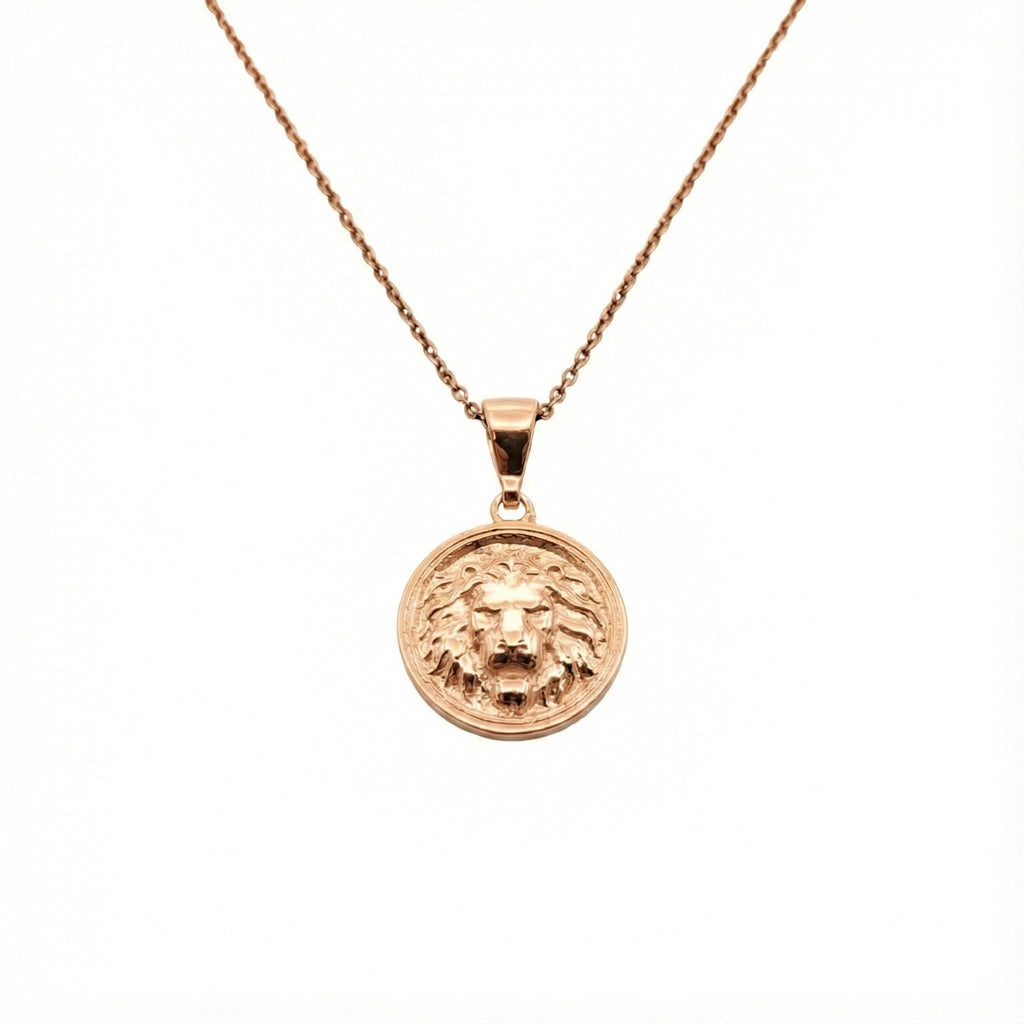 Lion Head Medallion necklace flat lay, oxidized sterling silver