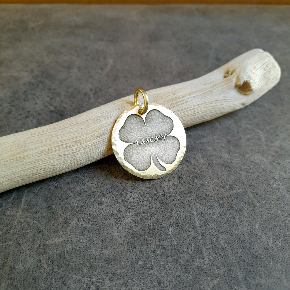 The Lucky Clover Token | Artisan Shamrock Pet ID & Custom Engraved Dog Tag, close-up detail