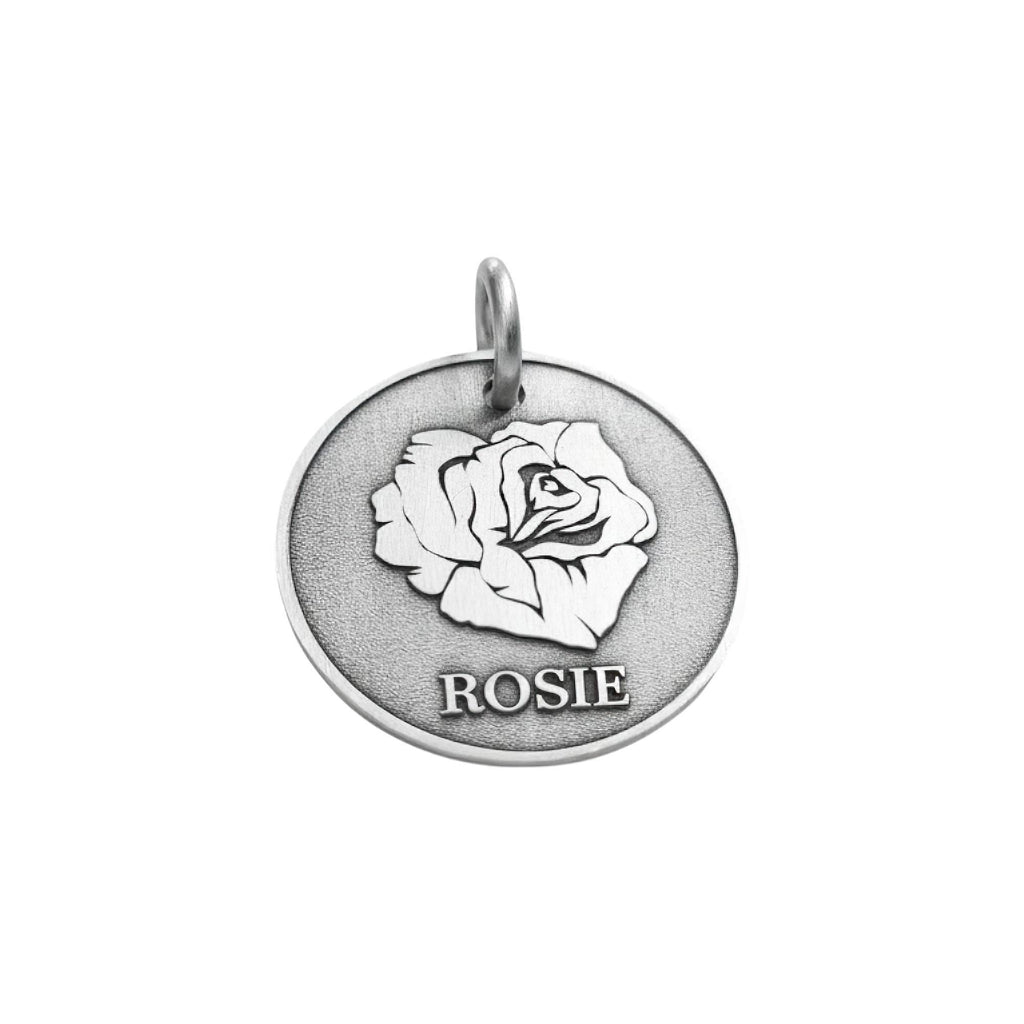 Rose Dog Tag | Personalized Sterling Silver Floral Pet ID Tag | Engraved Flower Dog Charm, additional detail