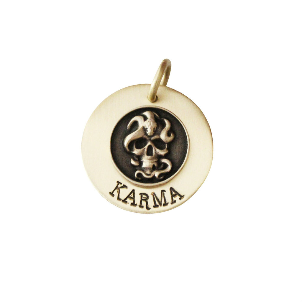 Skull Sigil dog tag, artisan brass memento mori skull in raised relief custom engraved
