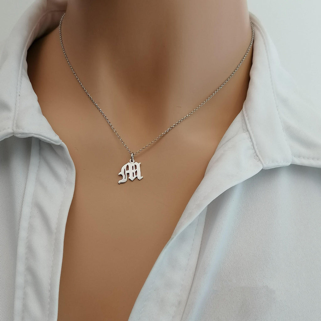 Old English Initial Necklace | Custom Gothic Letter Talisman, front view