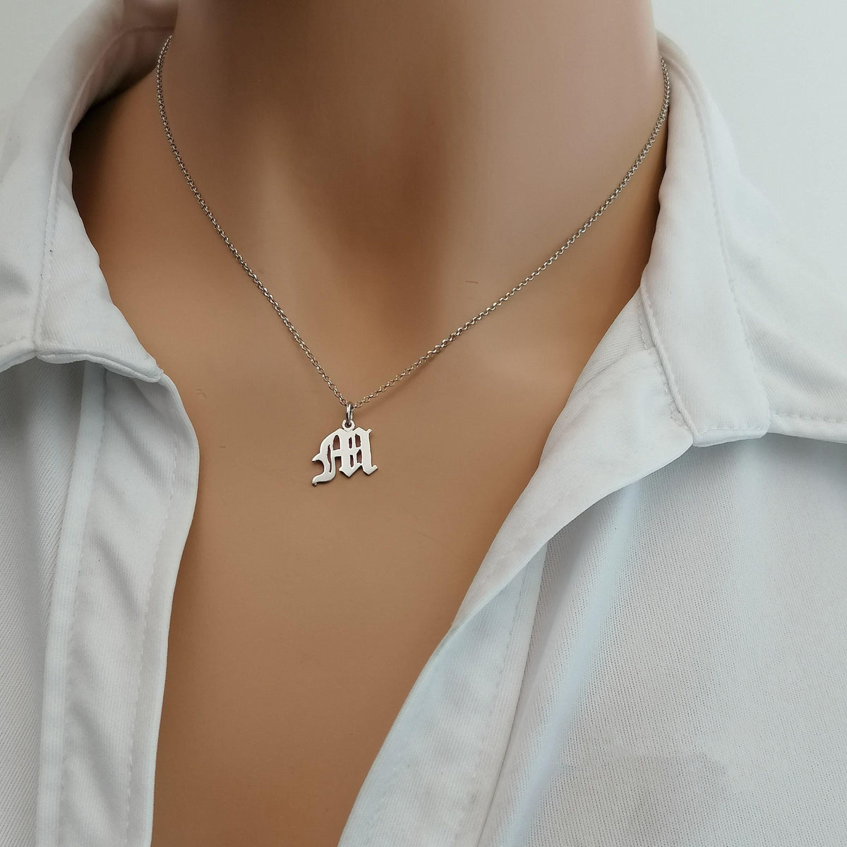 Old English Initial Necklace | Custom Gothic Letter Talisman, front view