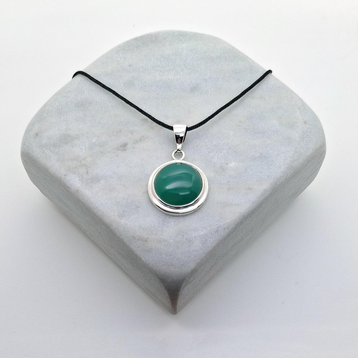 Green Agate Pendant Necklace | Sterling Silver Circle Gemstone Medallion | Heart Chakra Healing Talisman, styled view