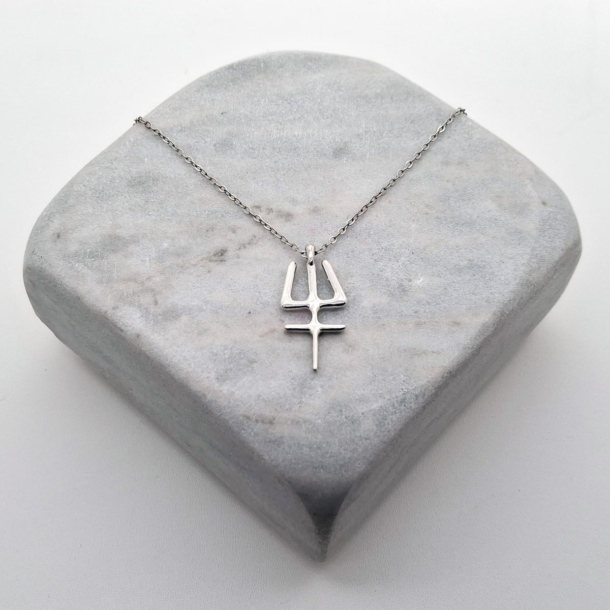 Neptune Trident Necklace | Sterling Silver Poseidon Glyph Pendant | Pisces Astrology Talisman, styled view