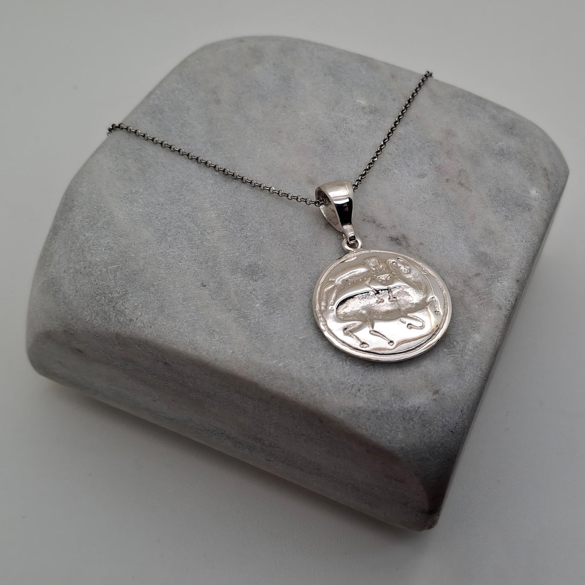 Bull Leaping Necklace: Minoan Coin Pendant Gold Plated Silver, styled view