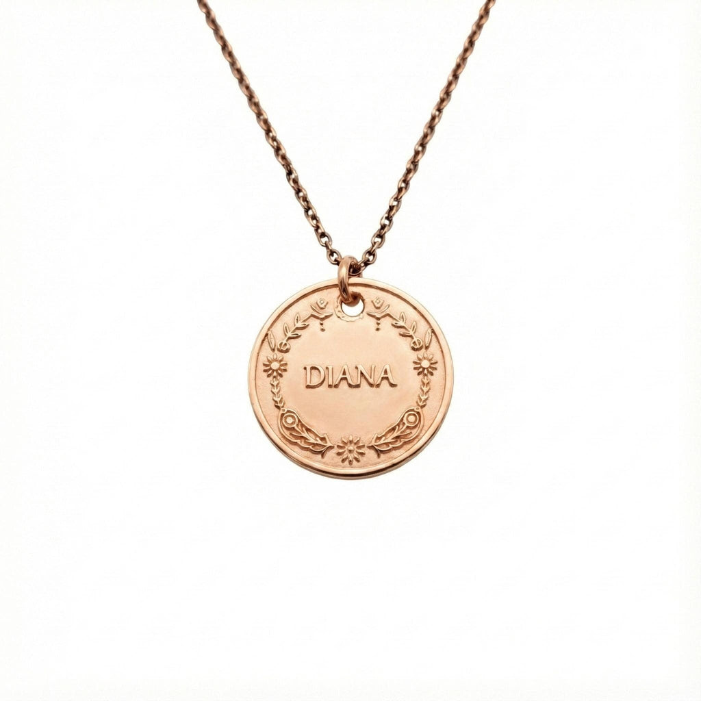 Vintage Style Name Necklace | Floral Crest Medallion, alternate angle