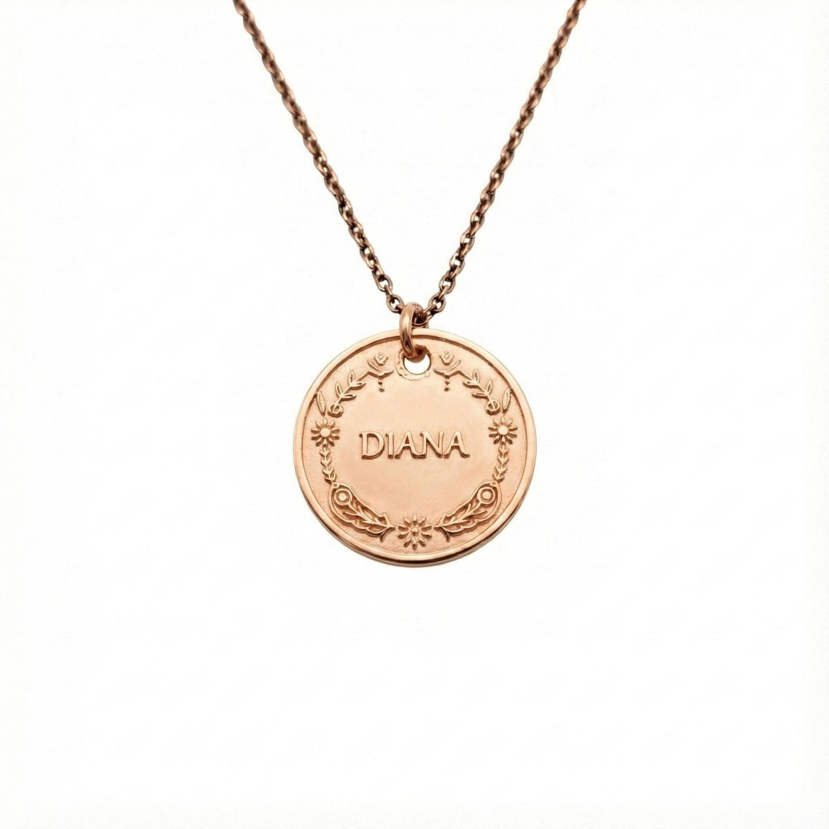 Vintage Style Name Necklace | Floral Crest Medallion, alternate angle