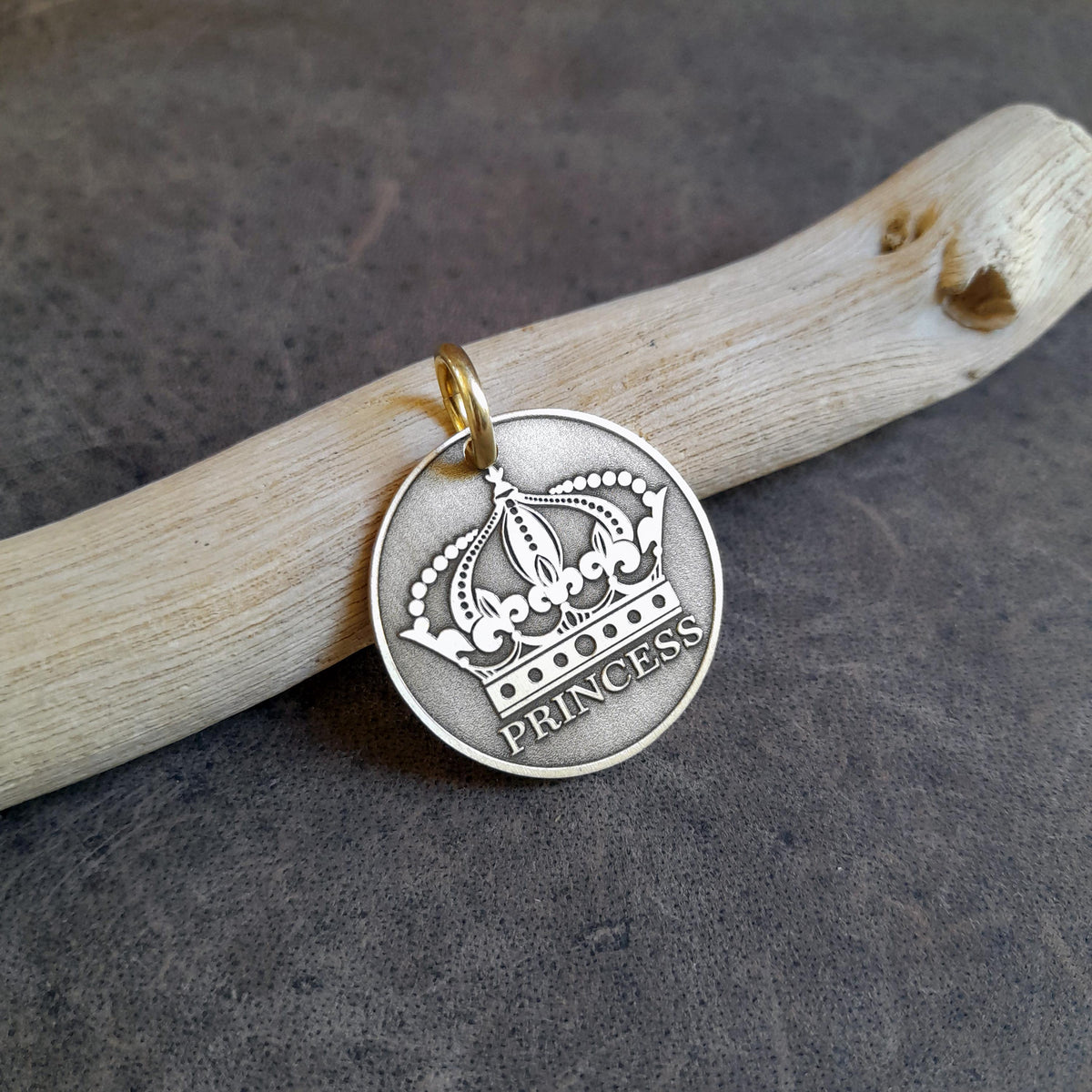 The Royal Heirloom Token | Artisan Crown Pet ID & Custom Engraved Dog Tag, close-up detail