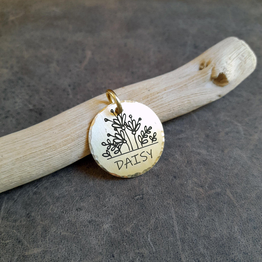 The Wildflower Bloom Token | Artisan Floral Pet ID & Custom Engraved Dog Tag, close-up detail