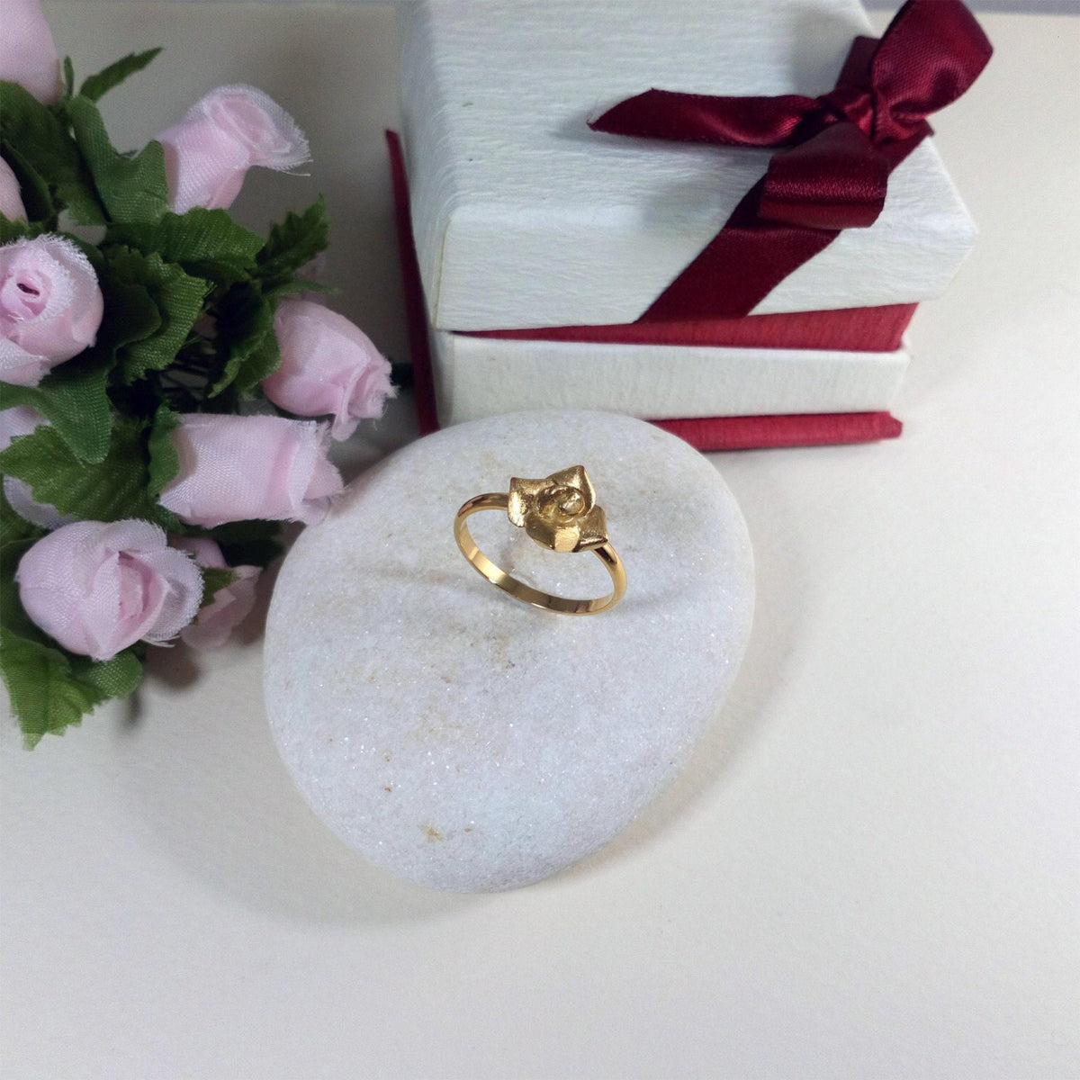 Silver Rose Ring | Dainty Floral Statement Band Sterling Silver | Botanical Promise Ring, styled view