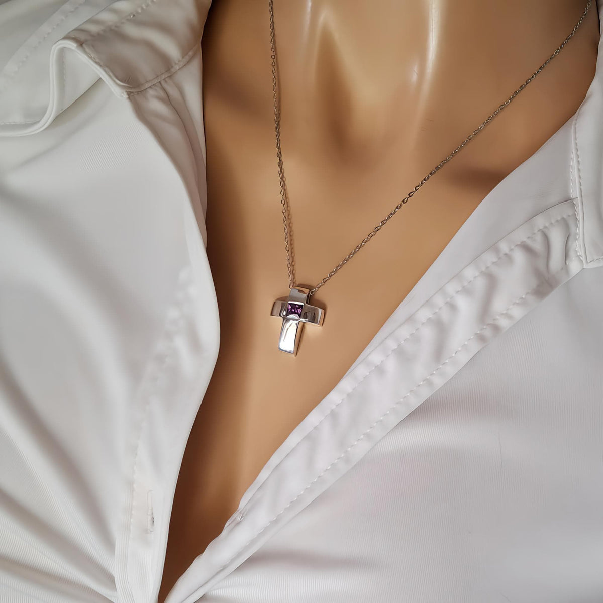 Amethyst Cross Necklace | Sterling Silver Modern Cross Pendant | February Birthstone Talisman, close-up detail