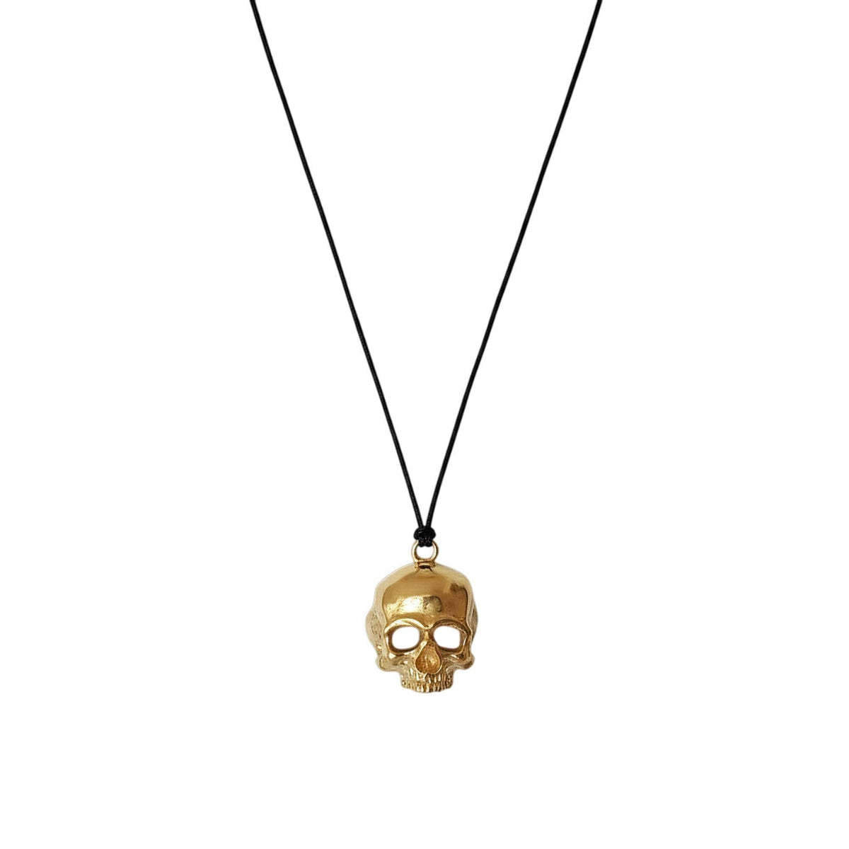 Brass Skull Necklace | 3D Gothic Memento Mori Pendant | Black Jade Cord Talisman, in Yellow Gold Plated finish