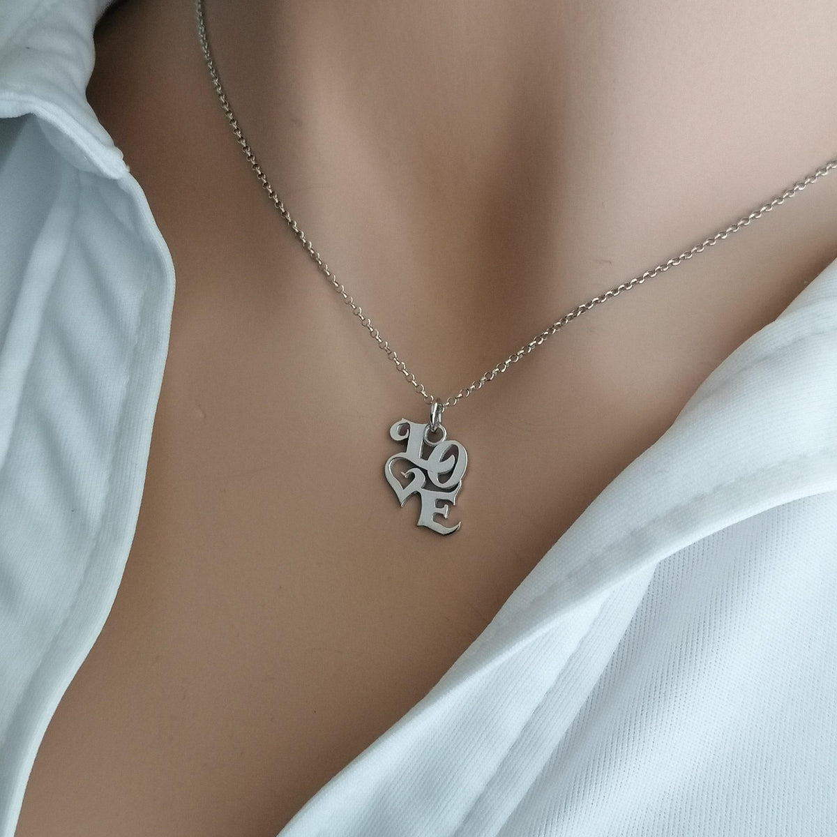 LOVE Script Necklace | Romantic Sentiment Talisman, styled view