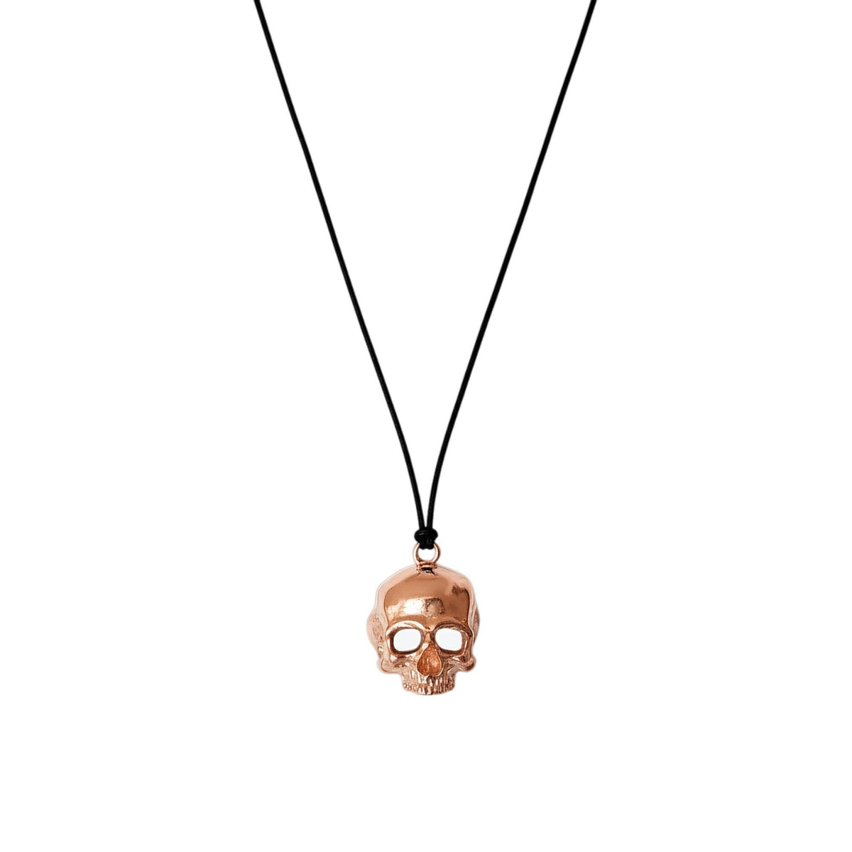 Brass Skull Necklace | 3D Gothic Memento Mori Pendant | Black Jade Cord Talisman, in Rose Gold Plated finish