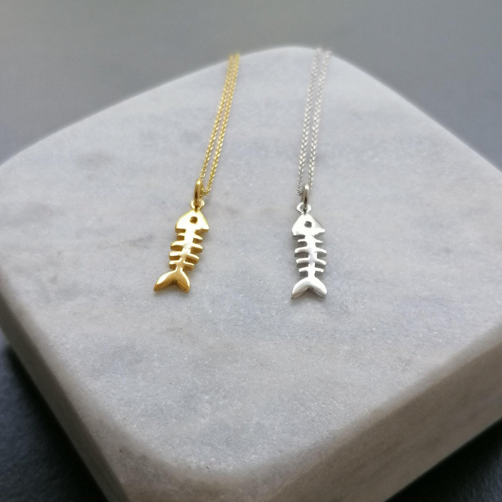 Fishbone Charm Necklace | Solid 14K Gold Nautical Talisman