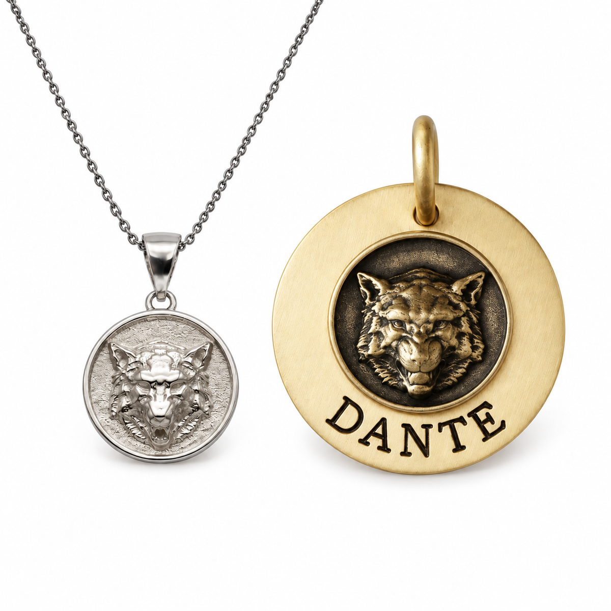 Wolf Bond — howling wolf necklace and Ferocious Sigil dog tag worn together, the symbolon pair