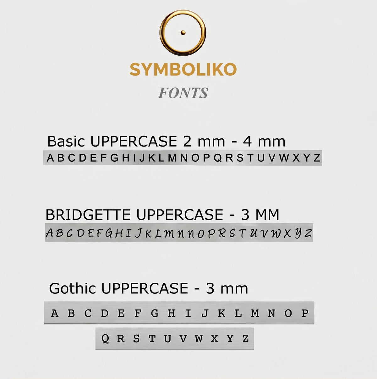 Available hand-stamped font style options chart