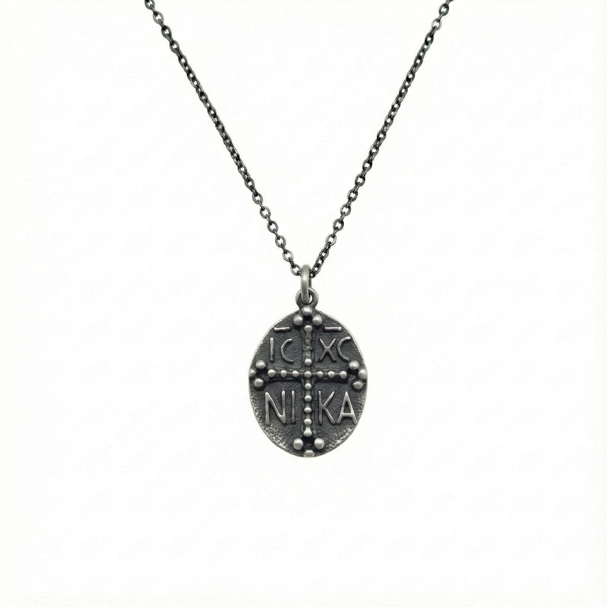Byzantine IC XC NIKA Cross Necklace | Ancient Victory Medallion, in Oxidized Silver finish